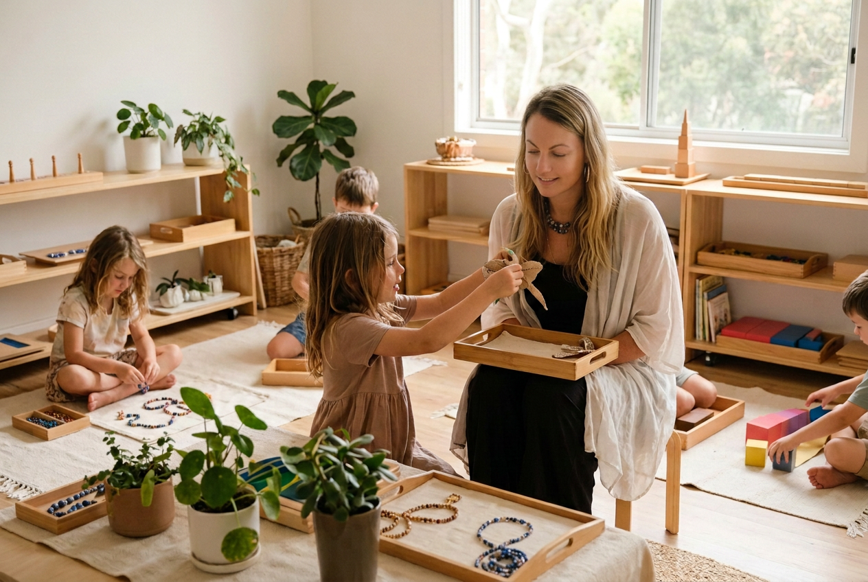 A calm, light-filled classroom where a child shows their work to a teacher, surrounded by 6–9 year olds working with hands-on materials.