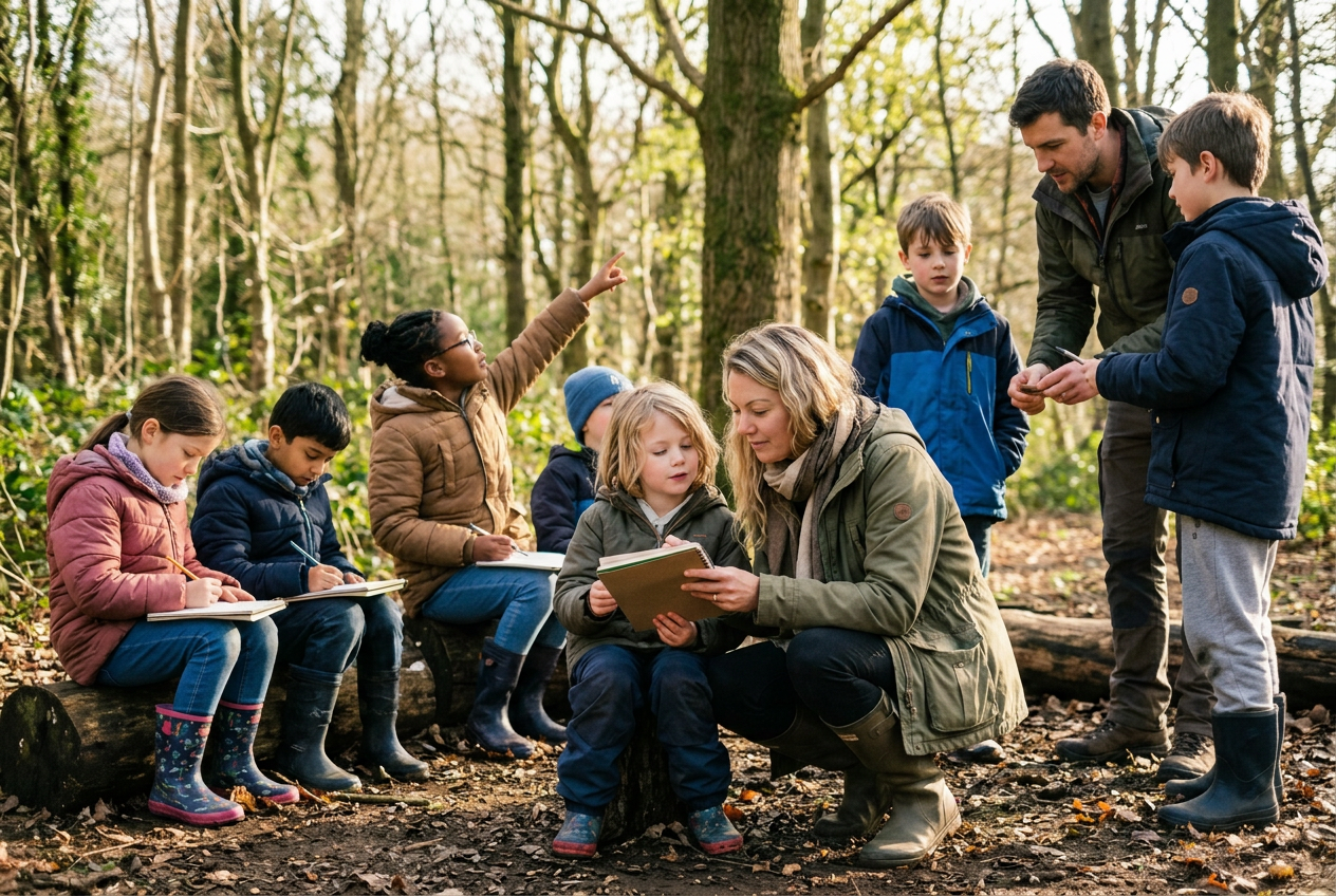 A mixed-age group of children with two teachers, sketching and observing together in a woodland clearing.