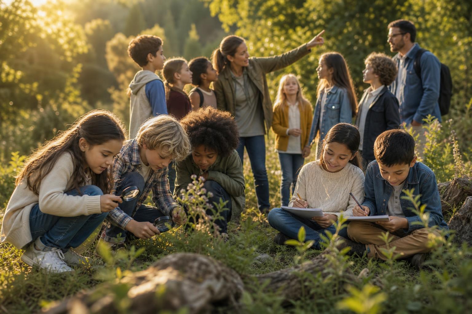 Children ages 6–12 engaged in inquiry-based learning outdoors with teachers in a natural setting